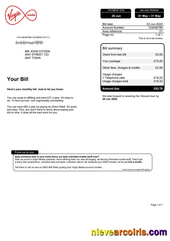 United Kingdom Virgin Media utility bill